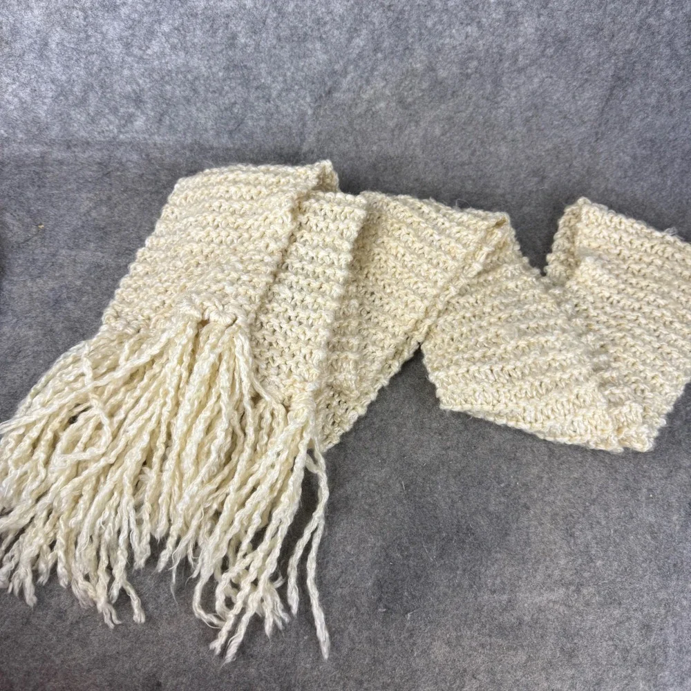 Handmade Cream Ivory Chunky Knit Scarf with Tassel Fringe Boho Winter Accessory